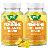 Box and bottle of Premium Feminine Balance Gummies for immune health with pineapple flavor