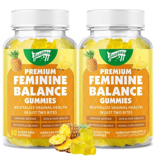 Box and bottle of Premium Feminine Balance Gummies for immune health with pineapple flavor