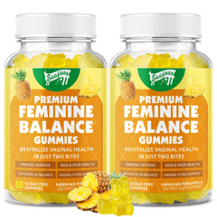 Box and bottle of Premium Feminine Balance Gummies for immune health with pineapple flavor