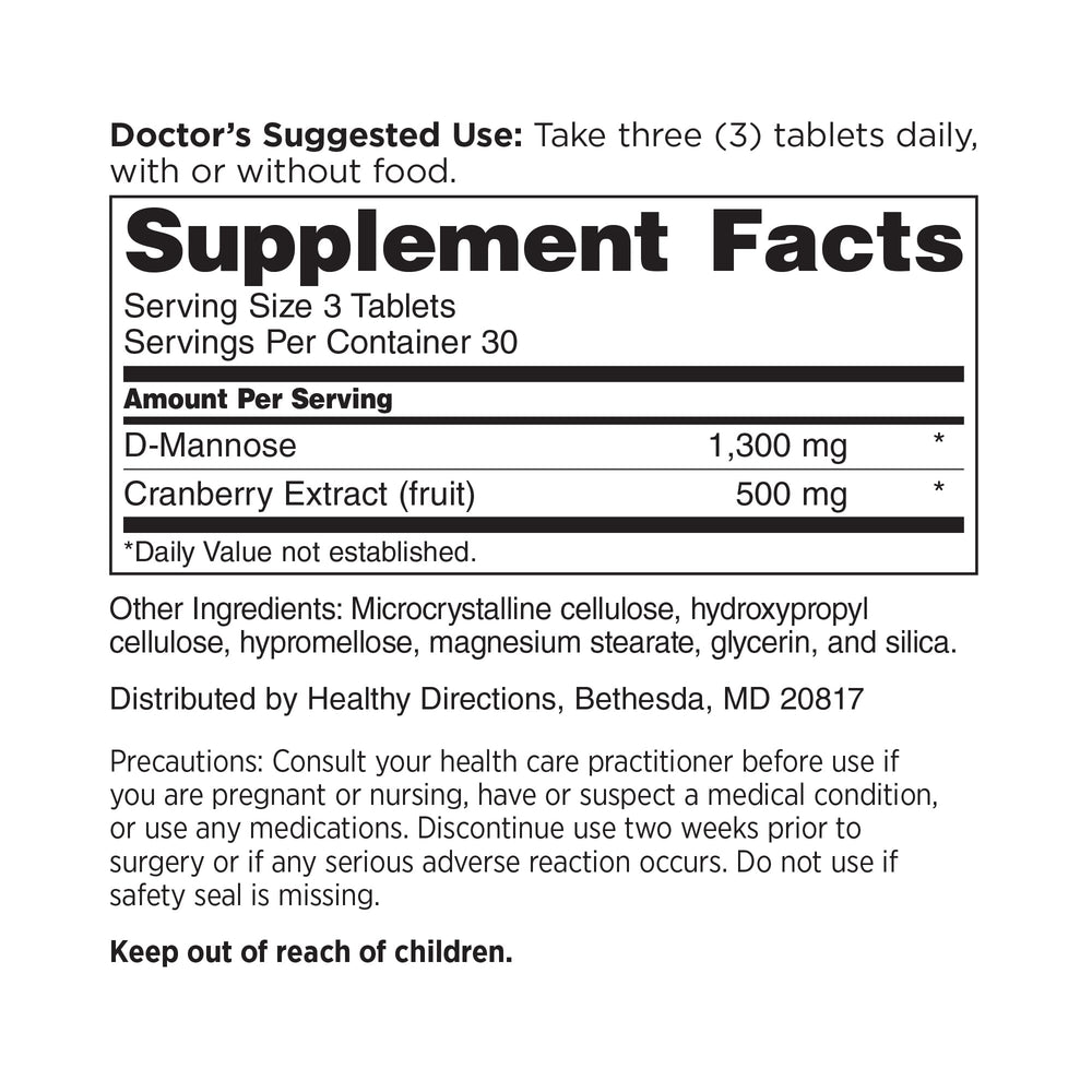 Premium formula packaging for D-Mannose and Cranberry vegan tablets