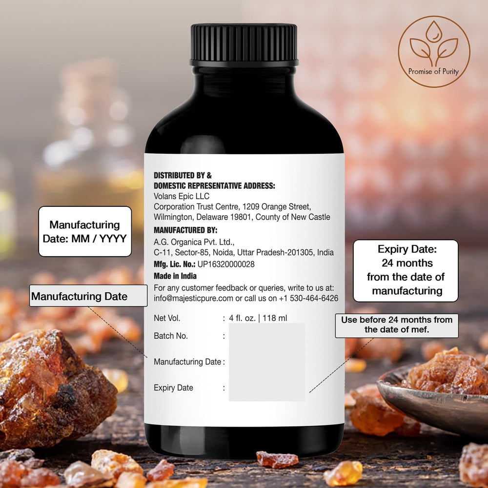 Premium Majestic Pure frankincense oil in amber glass bottle