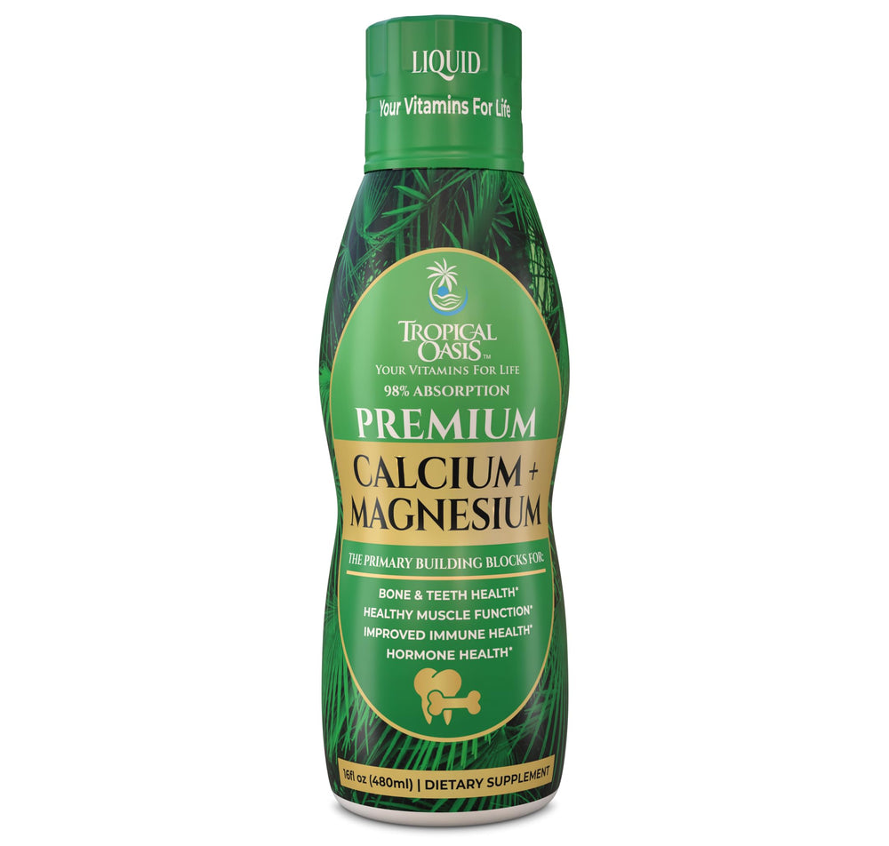 Bottle of Premium Liquid Calcium Magnesium supplement showing 16oz size