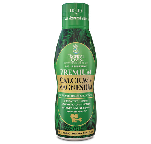 Bottle of Premium Liquid Calcium Magnesium supplement showing 16oz size