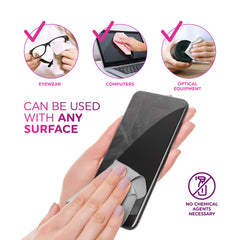 Close-up of pink microfiber cloth cleaning eyeglasses