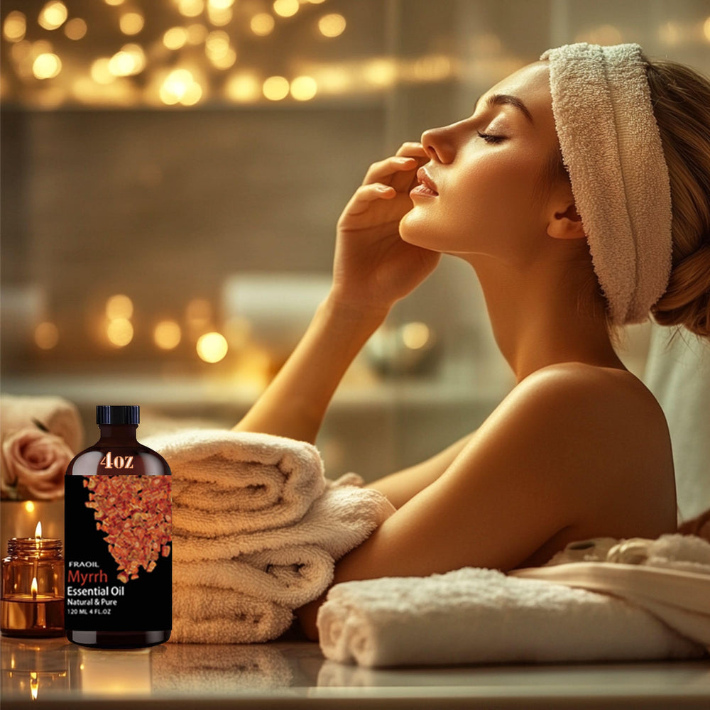 Premium Myrrh Essential Oil bottle and features