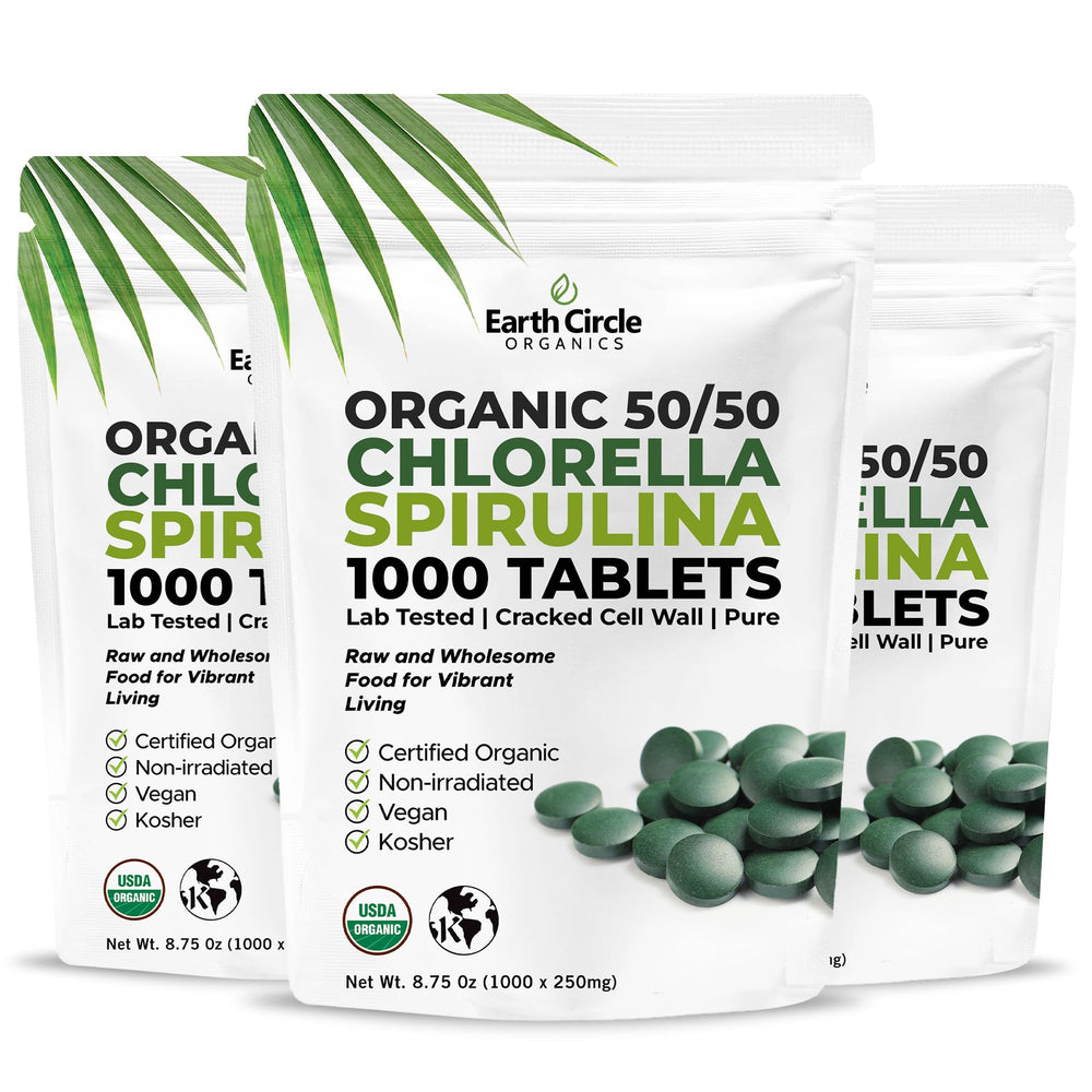 Front view of bottle labeled Premium Organic Chlorella & Spirulina 1000 Tablets (50/50)