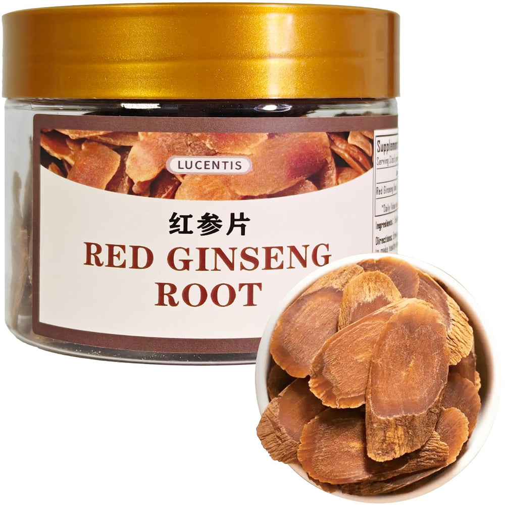 Sliced Panax red ginseng pieces arranged for display