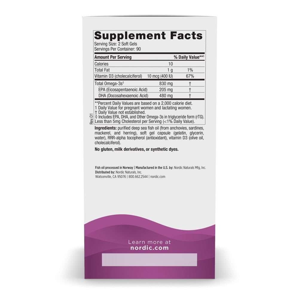 Bottle label highlighting 830 mg Omega-3 DHA and 400 IU Vitamin D3