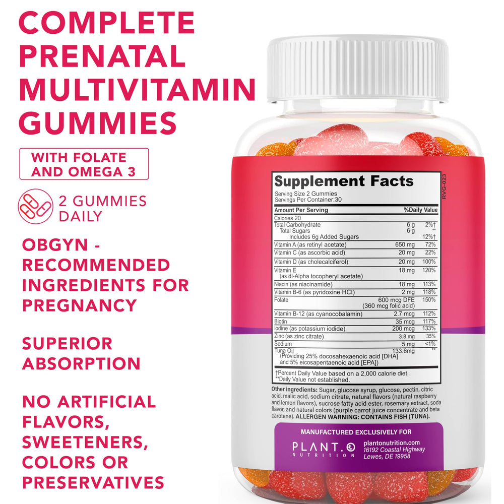 Raspberry and lemon flavored prenatal gummies