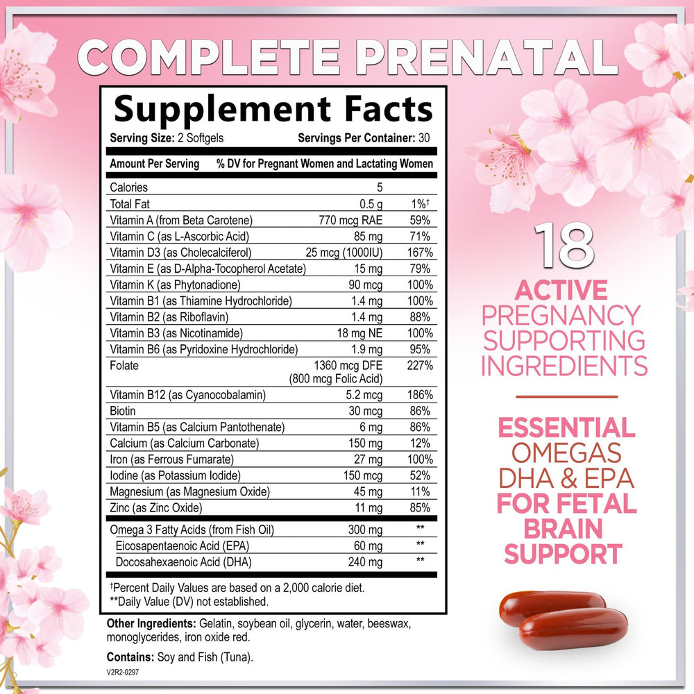 Front label of prenatal vitamins bottle featuring folic acid and DHA