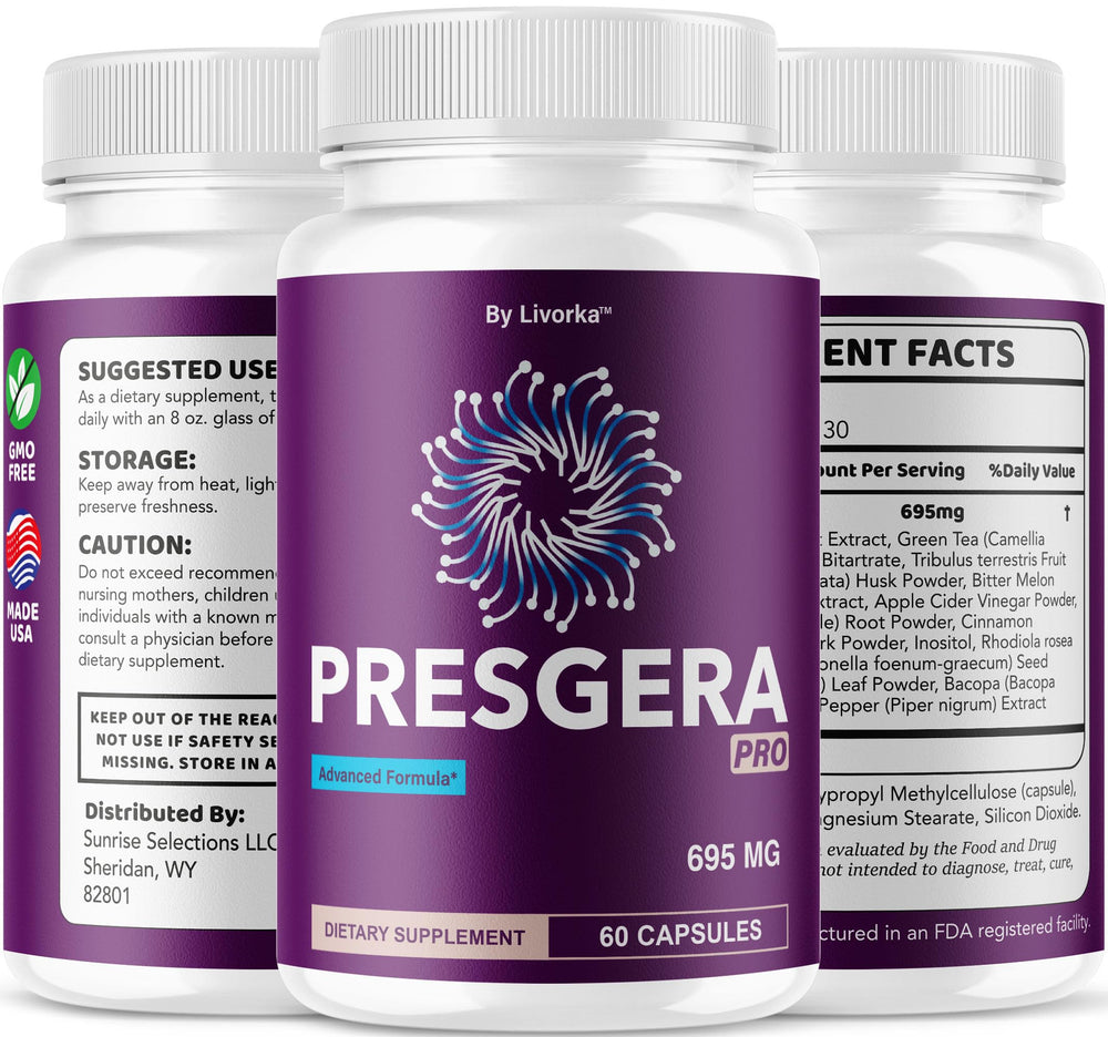 Rear label view of Presgera Pro bottle showing 180 capsules