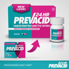 Prevacid 24HR capsules closeup highlights 15 mg dose for steady relief.
