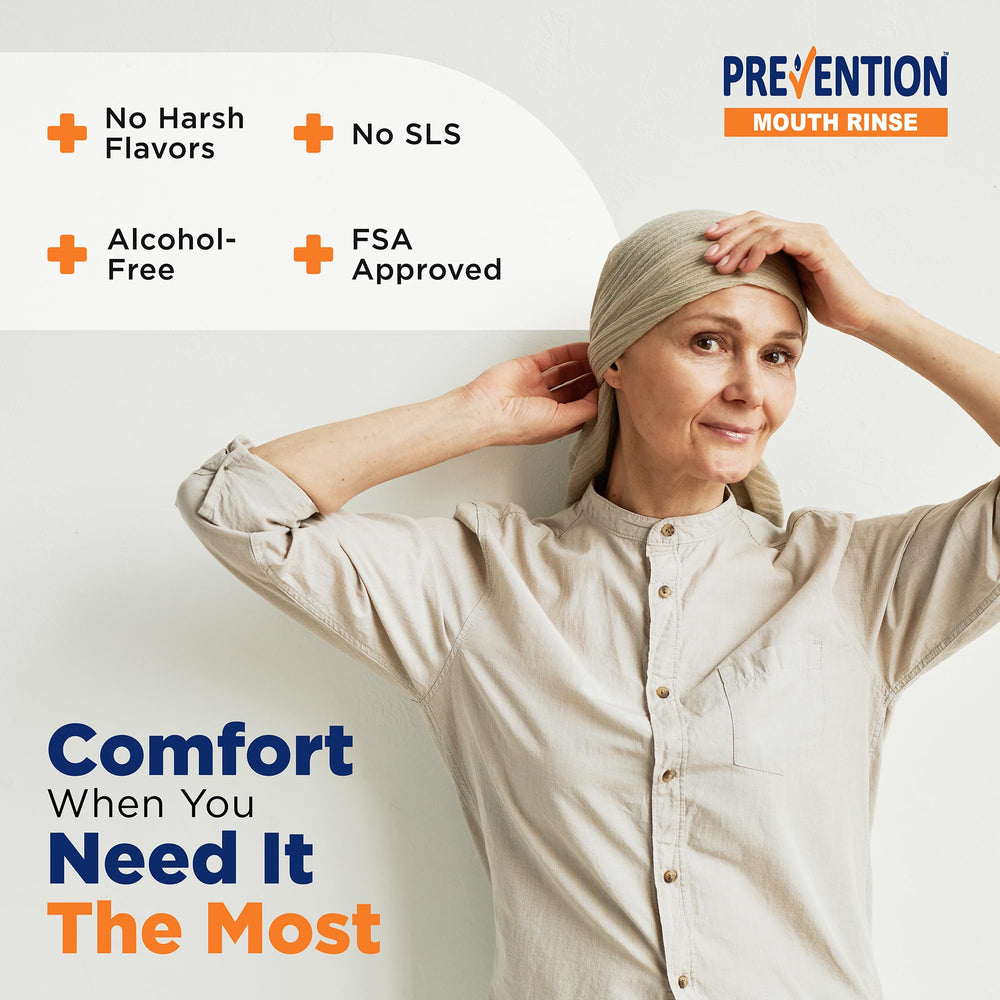 Close-up of Prevention Oncology Mouthwash label: alcohol-free, fluoride-free