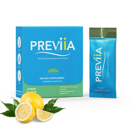 Previia lemon-flavor pre-drink sachets ready to mix for pre-event support.