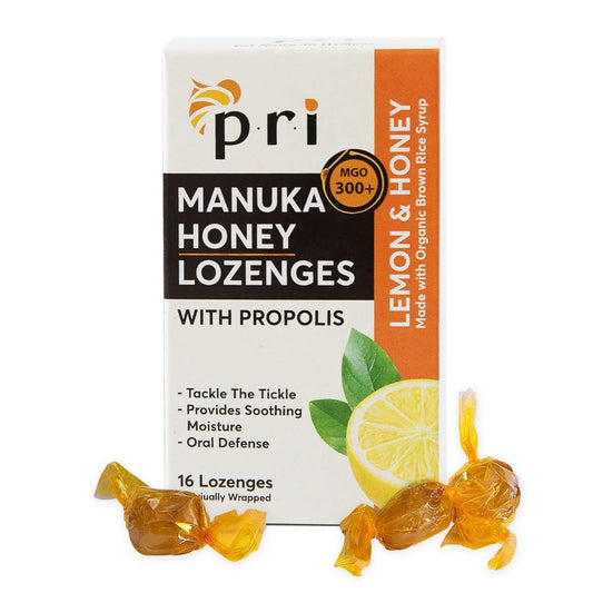 Front view of P.R.I Manuka Honey Lozenges with Propolis Lemon 16 Count package