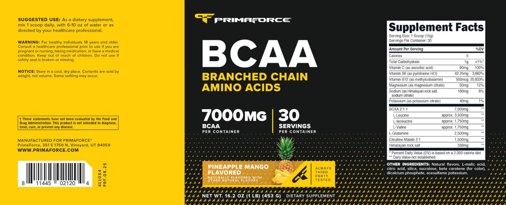 Ingredients panel of Primaforce Pineapple Mango BCAA Powder