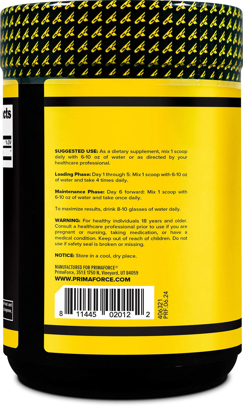 Nutrition ingredients panel for Primaforce Creatine Monohydrate Powder
