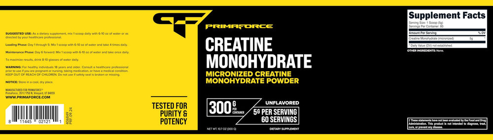Gluten free, soy free, vegetarian, non-GMO label on Primaforce Creatine Monohydrate Powder