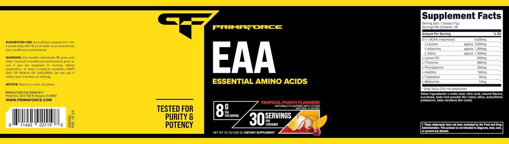 Nutrition facts panel for PrimaForce EAA Powder Tropical Punch