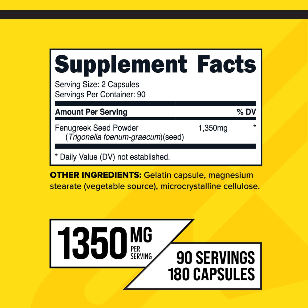 Close-up of Fenugreek Seed Capsules showing 1350 mg per serving