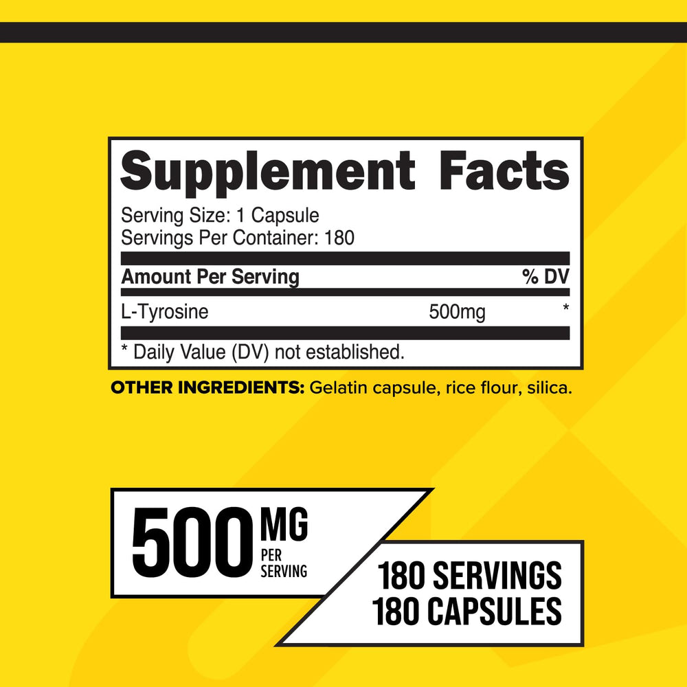 Close-up of L-Tyrosine capsules showing 500 mg dosage
