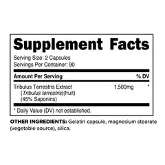 Label showing 1,500 mg Tribulus per serving