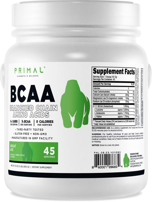 Primal BCAA Powder Great Ape Green Apple flavor container, front view