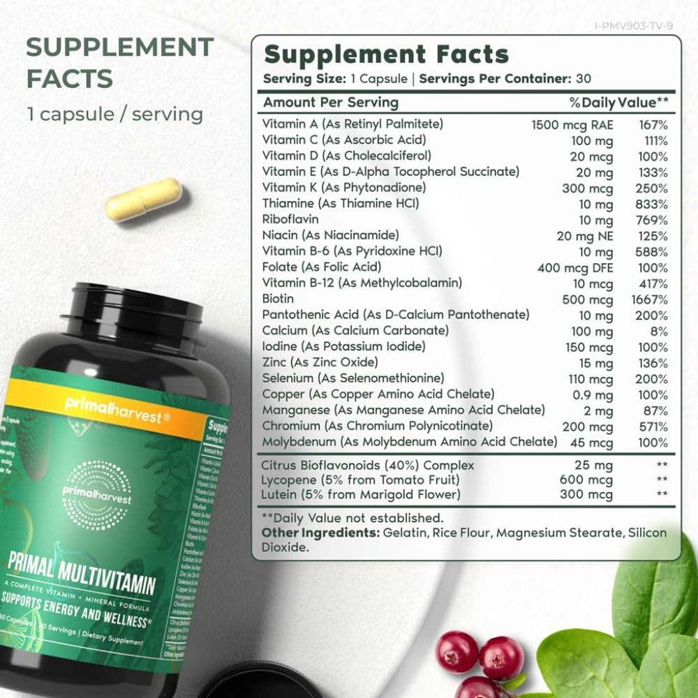 Close-up of Primal Multivitamin product label showing 21 vitamins and minerals