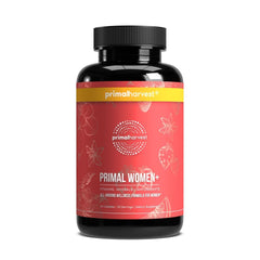 Primal Harvest Women+ bottle front showing daily wellness for active women.