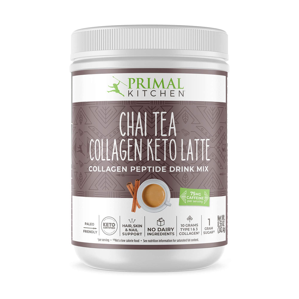 Primal Kitchen Chai Tea Collagen Keto Latte Powder container with scoop