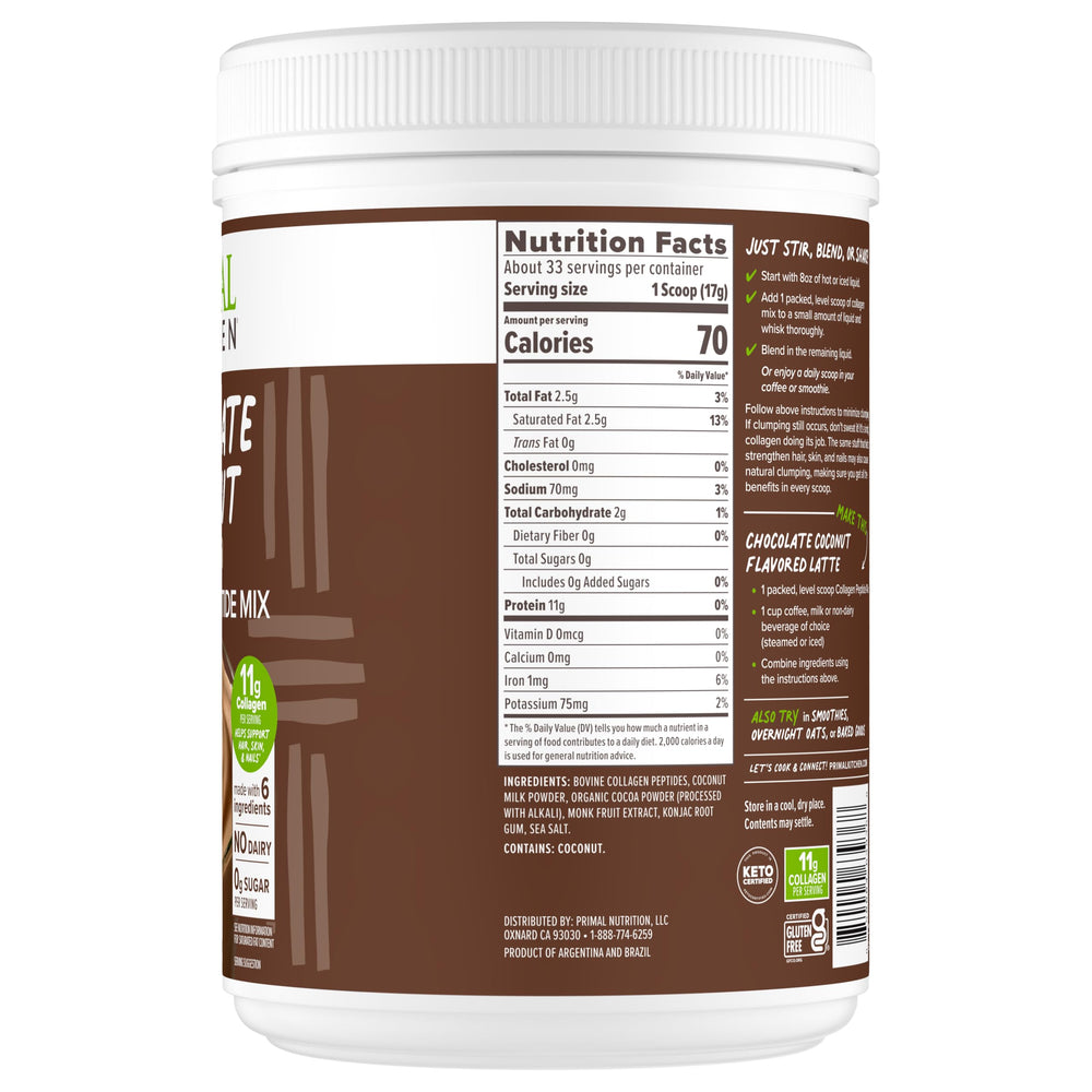 Primal Kitchen Chocolate Coconut Collagen Powder packet ready to mix.