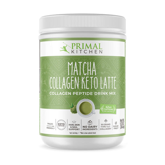 Canister of Primal Kitchen Matcha Collagen Keto Latte Powder