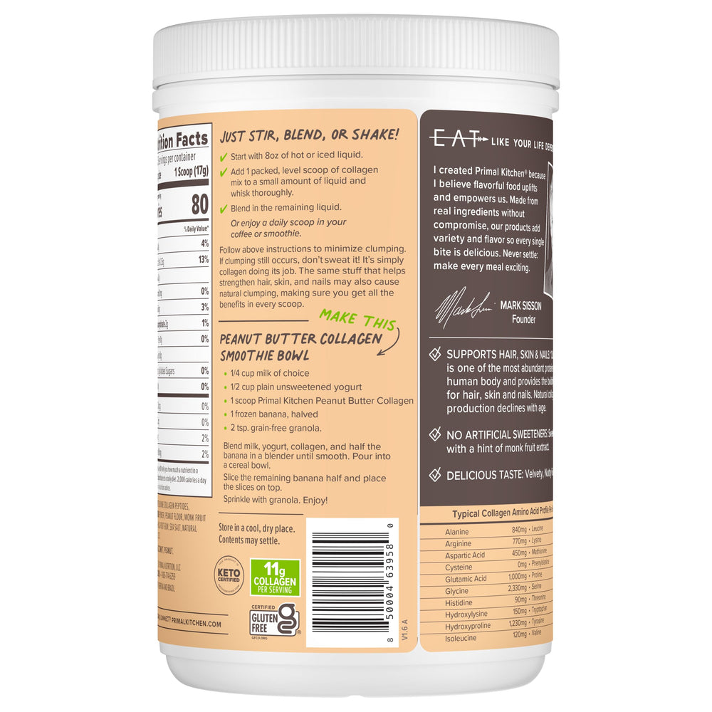 Collagen mix being added to a smoothie for a peanut butter boost