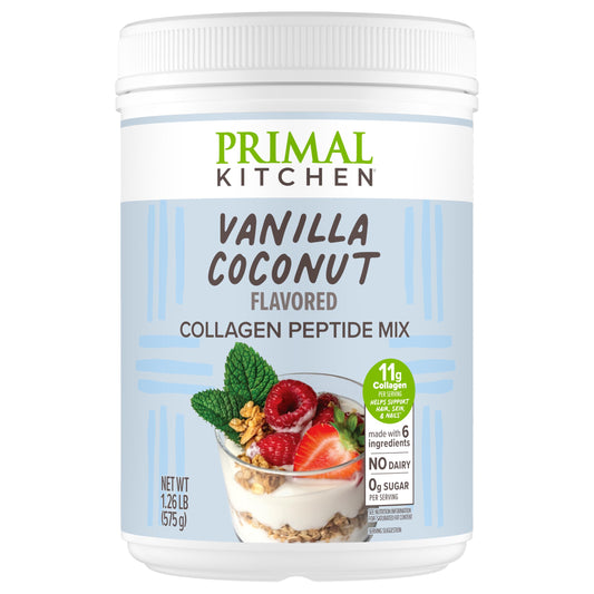 Front view of Primal Kitchen Vanilla Coconut Collagen Fuel 20 oz jar