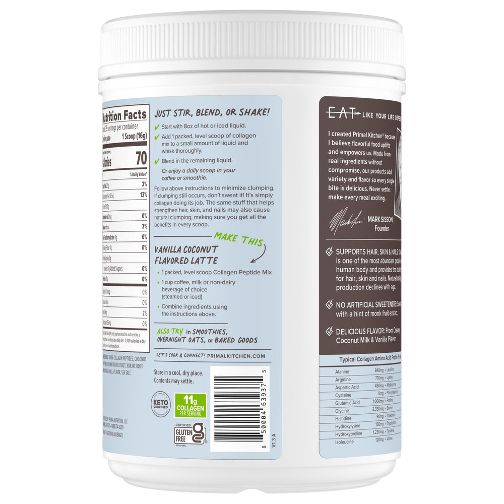 Primal Kitchen Vanilla Coconut Collagen Fuel glass shows a dairy-free vanilla drink