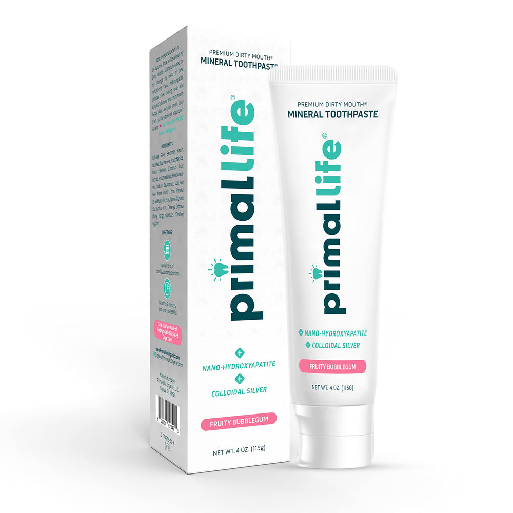 Front view of Primal Life Organics Dirty Mouth toothpaste in bubblegum flavor 4oz