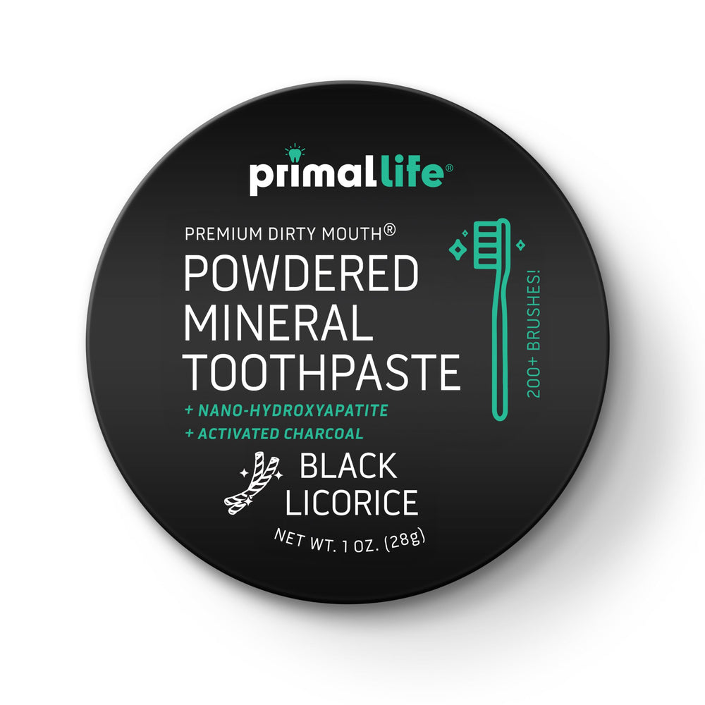 Primal Life Organics Dirty Mouth Toothpowder Charcoal Black Licorice 1 oz – package front