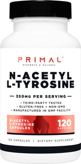 Front view of Primal N-Acetyl L-Tyrosine capsules bottle