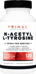Front view of Primal N-Acetyl L-Tyrosine capsules bottle