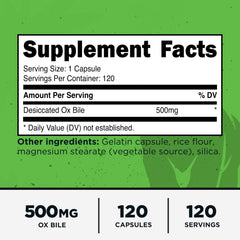 Ox Bile capsules close-up showing 500 mg per serving