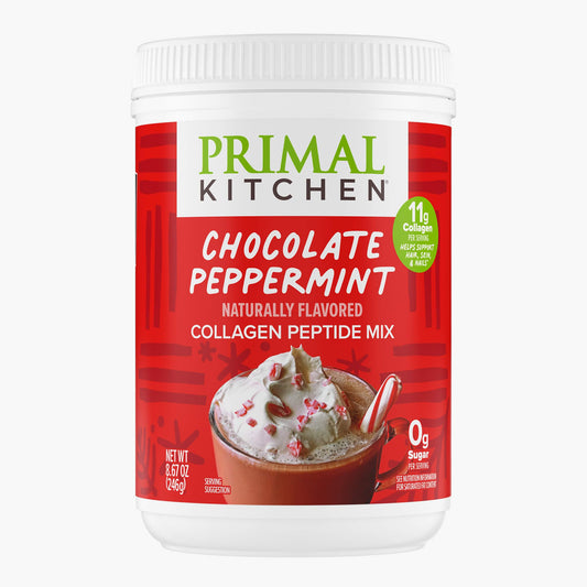 Front view of Primal Kitchen Chocolate Peppermint Collagen Peptide Mix canister, 8.67 oz