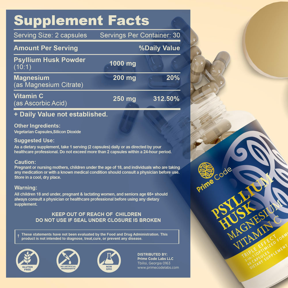 Product label showing psyllium husk ingredients and dosage