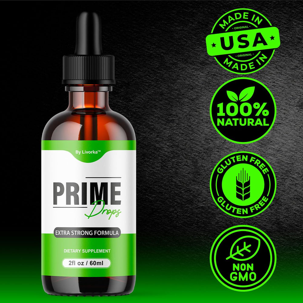 Close-up of Prime Drops liquid dropper and bottle