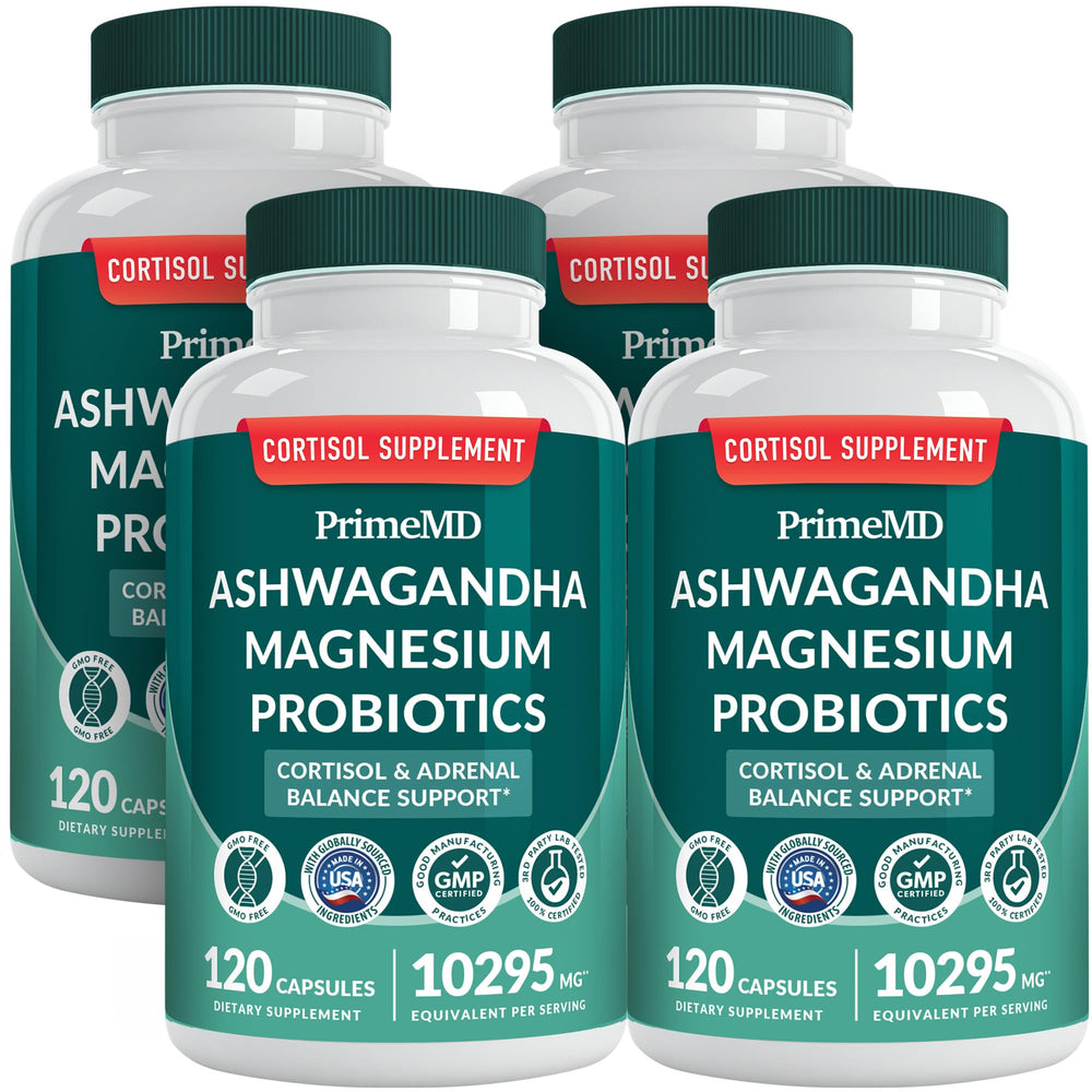 PrimeMD 5-in-1 cortisol supplement bottle with Ashwagandha, Shilajit, Magnesium Glycinate and Probiotics