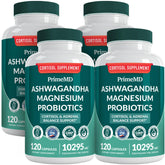 PrimeMD 5-in-1 cortisol supplement bottle with Ashwagandha, Shilajit, Magnesium Glycinate and Probiotics