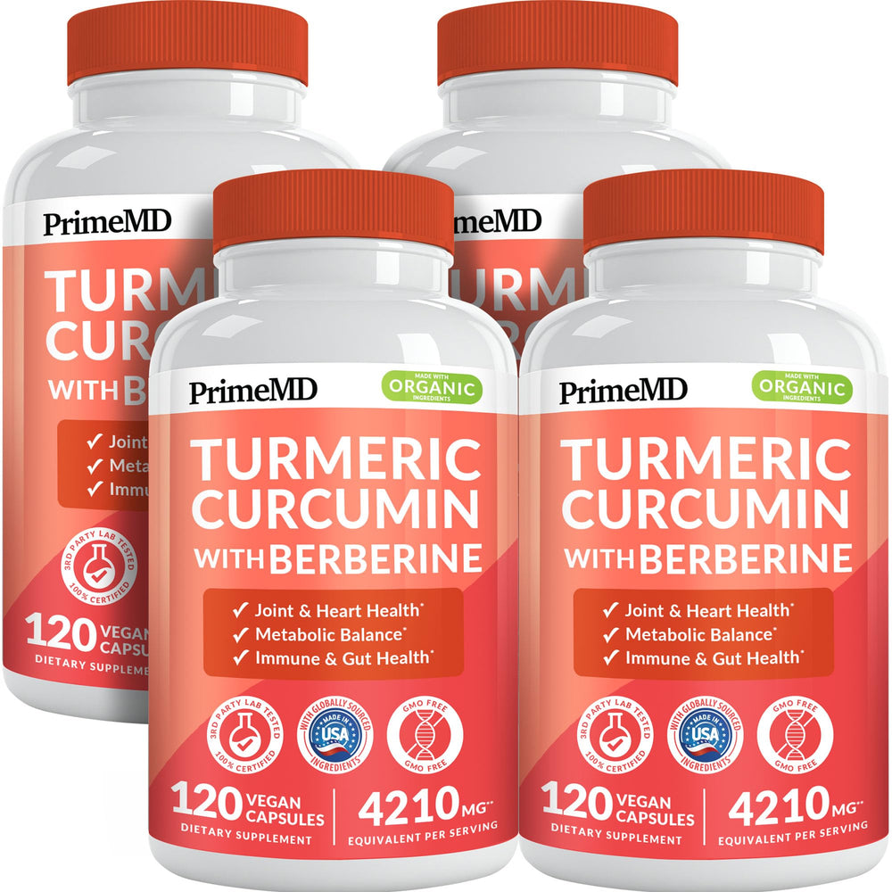 PrimeMD 5-in-1 turmeric bottle supports daily wellness with a potent blend.