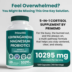 Close-up of cortisol support capsules emphasizing Ashwagandha and probiotics