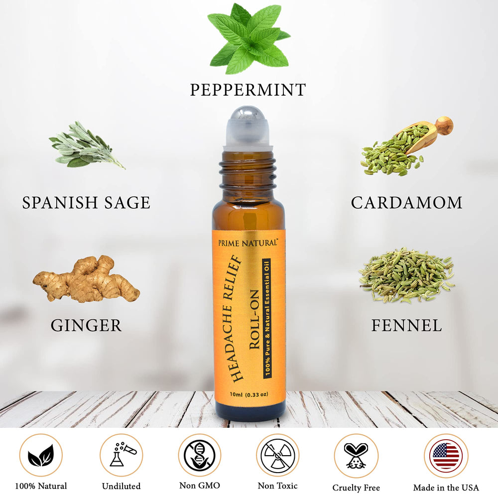 Close-up of Prime Natural Headache Relief 10ml pre-diluted essential oil roll-on