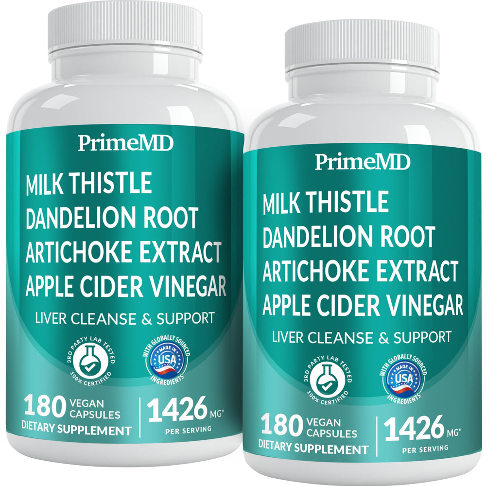 PrimeMD 32-in-1 Liver Support bottle front highlighting milk thistle for liver health