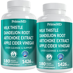 PrimeMD 32-in-1 Liver Support bottle front highlighting milk thistle for liver health